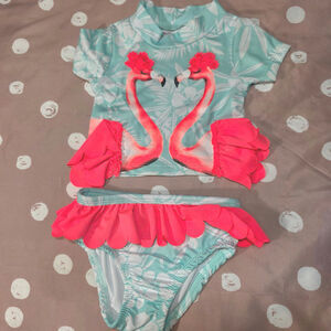 PENELoPE Mack 12 mo 2 piece flamingo swim suit spf 30 rashgaurd 6 water diapers